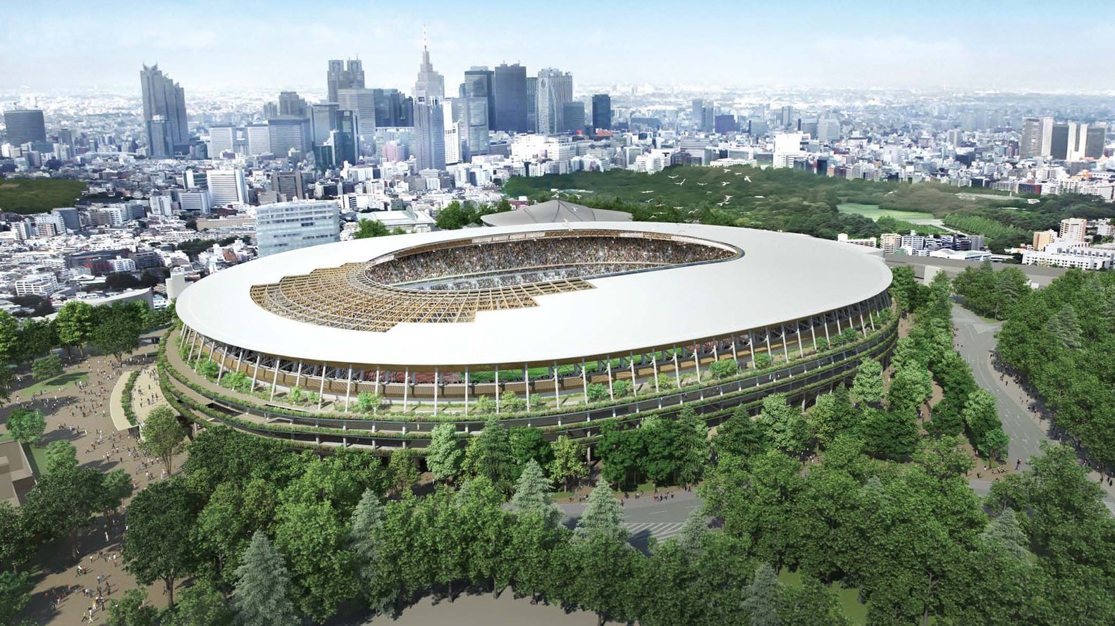 Olympijský stadion v Tokiu – návrh ateliéru Kengo Kuma Associates, který se nakonec postavil